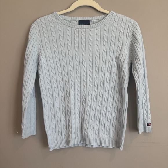 Vintage Ralph Lauren Jeans Baby Blue Cableknit Sweater Flag Academia Patriotic M - Picture 1 of 4